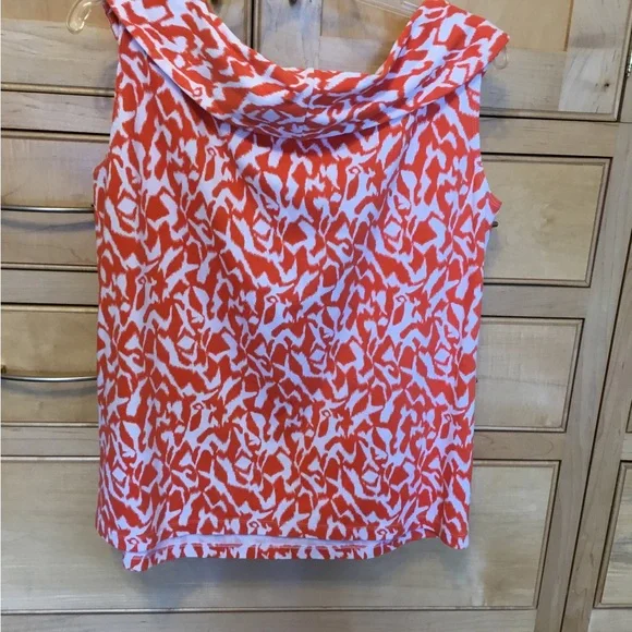 Rafaella Orange & White Patterned top Sleeveless, draped neck, stretchy Cotton - Picture 2 of 6